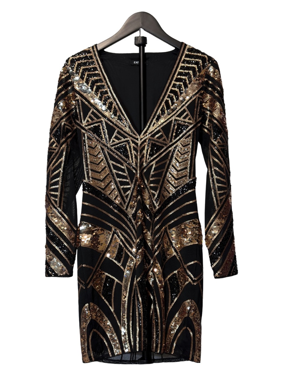 Express Black and Gold Sequin Long Sleeve V-Neck Dress